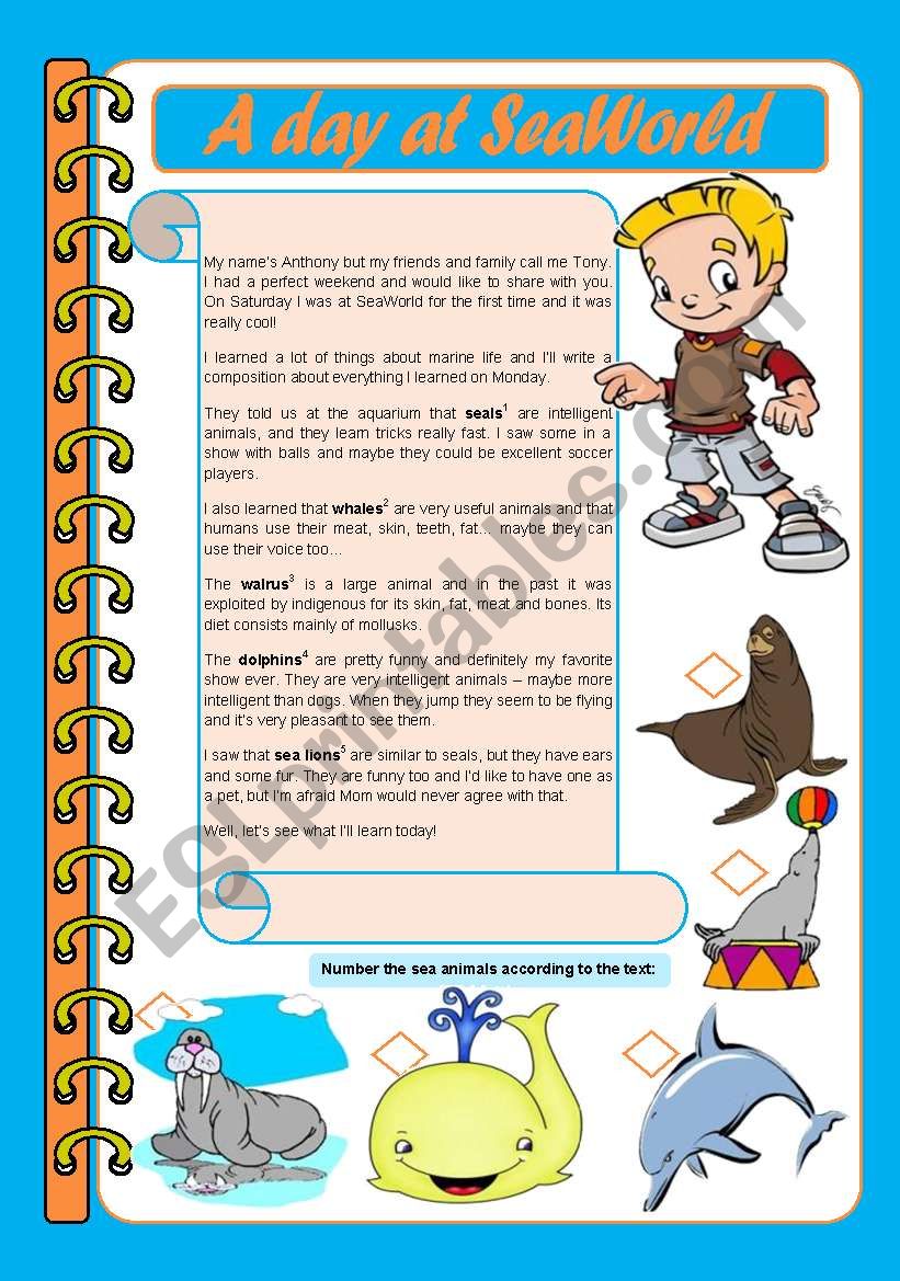 A day at SeaWorld  reading comprehension + vocabulary + verb tenses + modals [3 tasks] ((2 pages)) ***editable